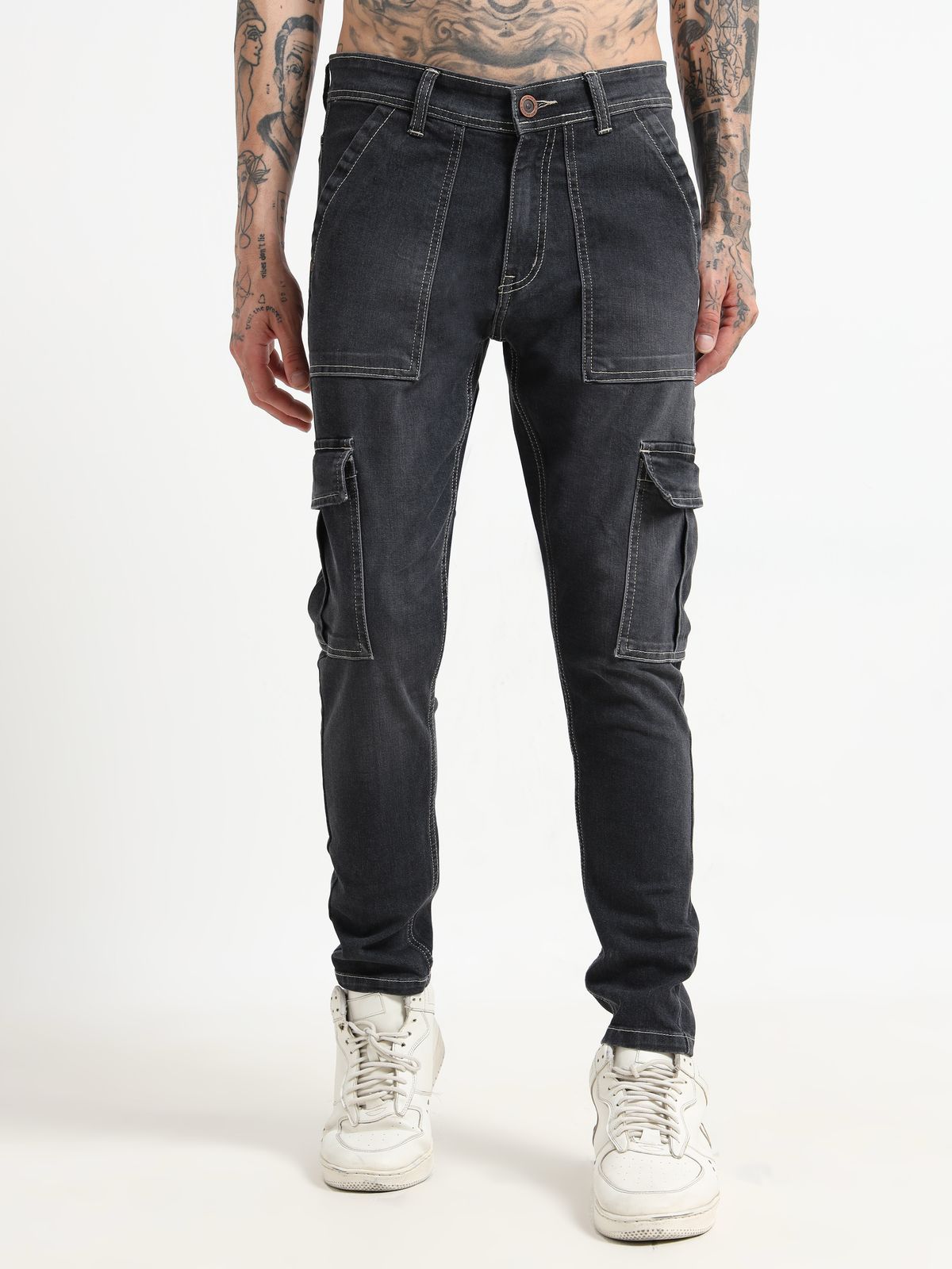 Men’s Black Cargo Denim Jeans with Utility Pockets