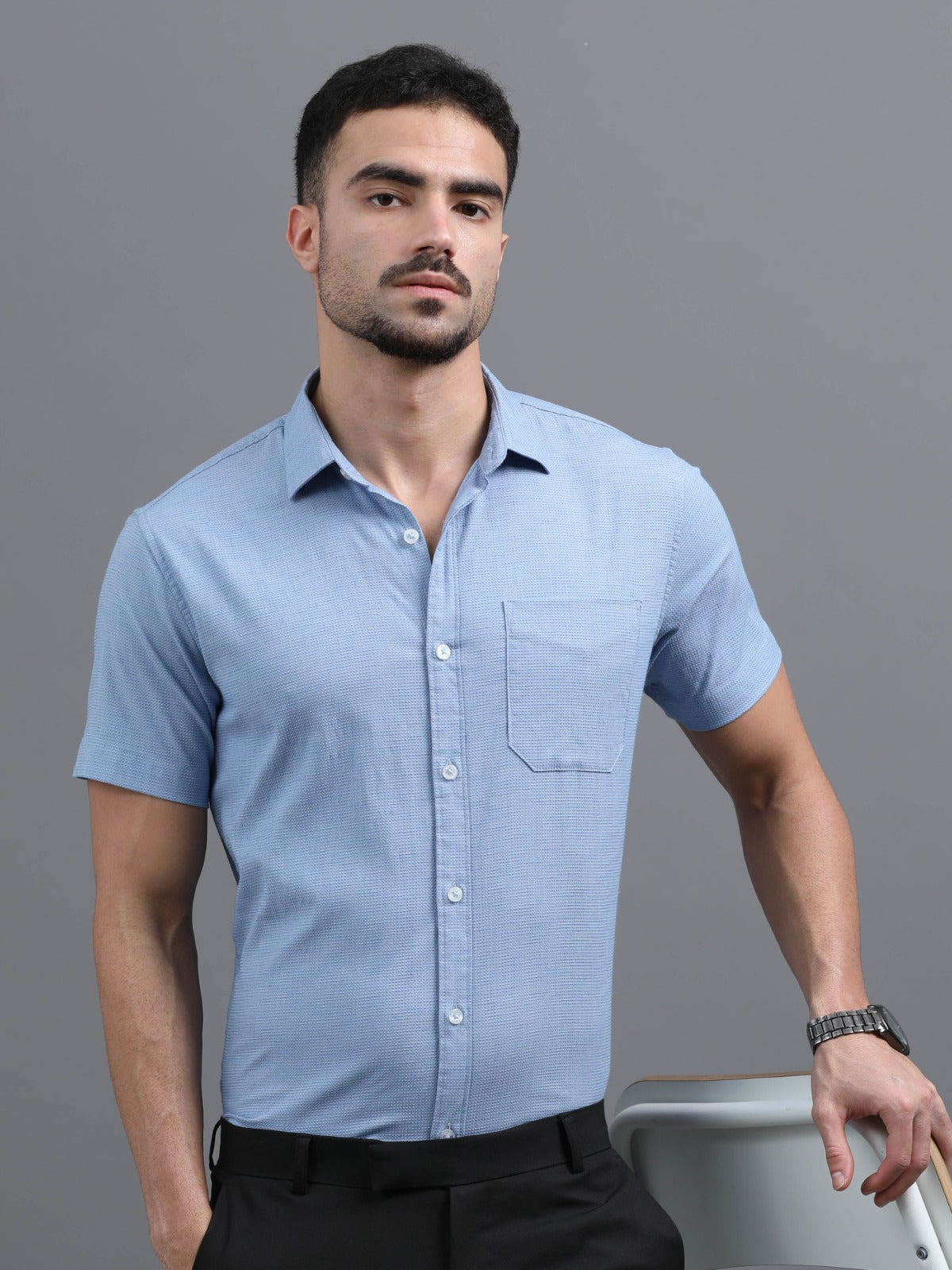 Men’s Light Blue Short Sleeve Casual Shirt