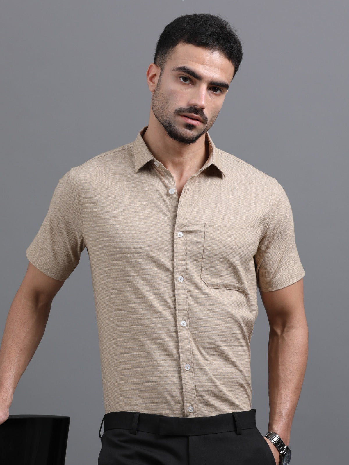 Men’s Beige Short Sleeve Casual Shirt