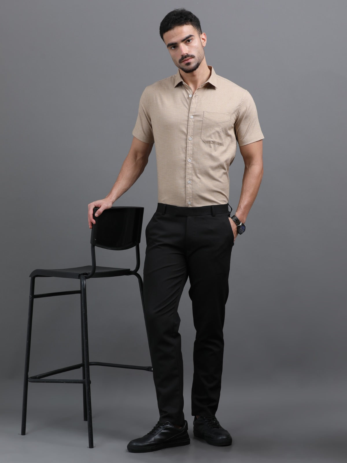 Men’s Beige Short Sleeve Casual Shirt
